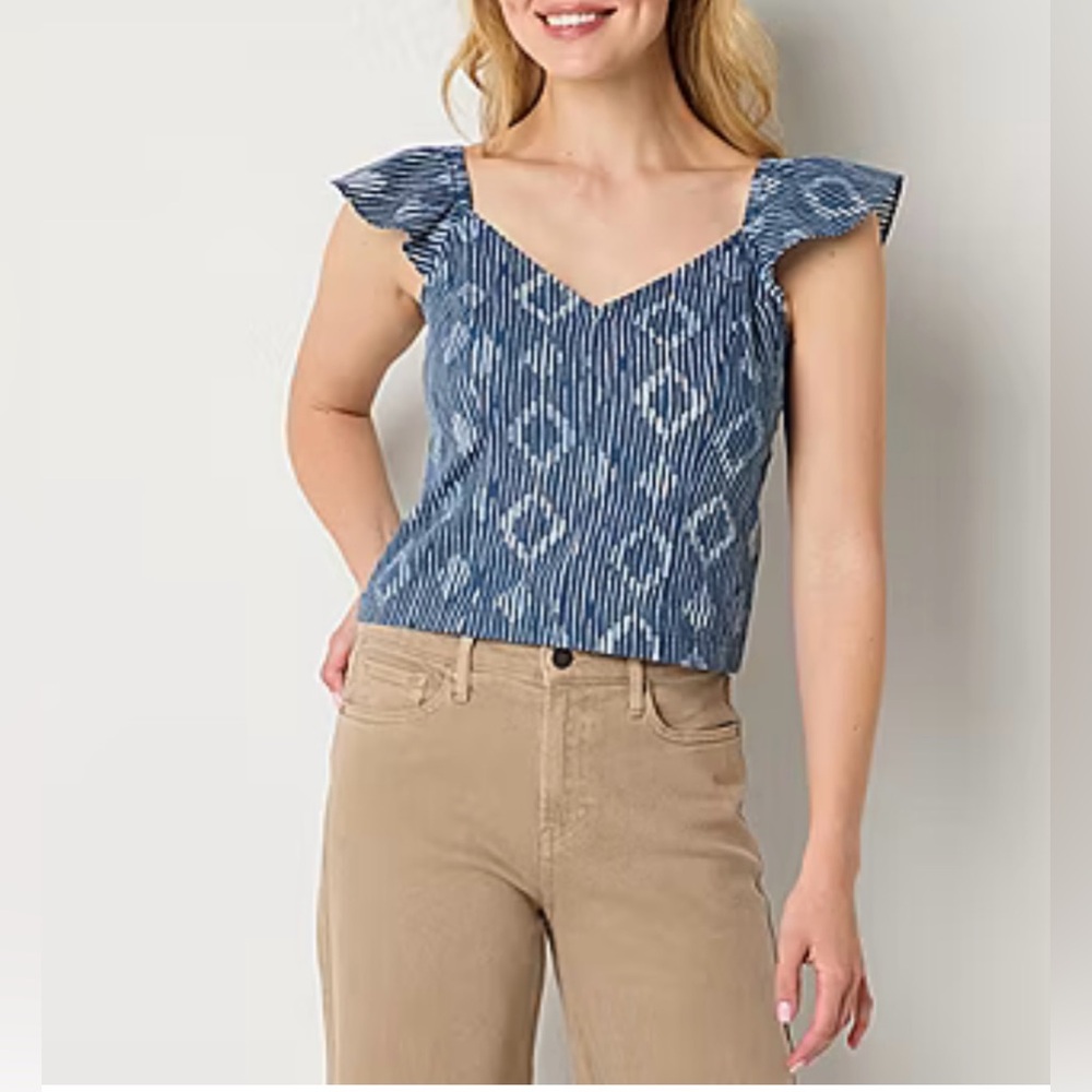 New ANA Blue Patterned Women's Top V Neck short sleeve blouse Large 12 14